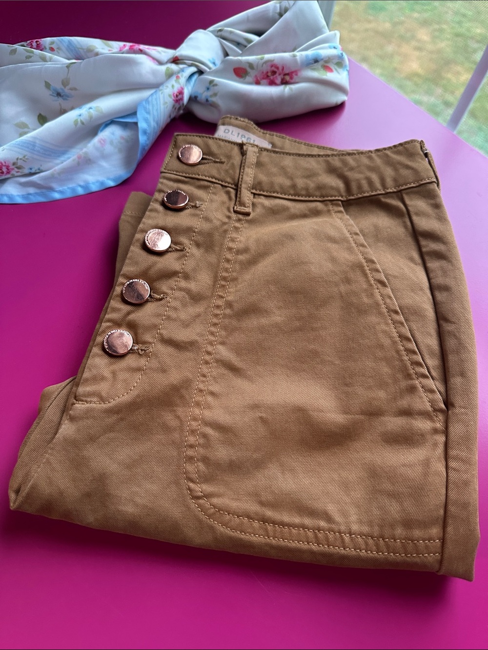 DL1961 Camel Button-Front Utility pants with Copper Buttons